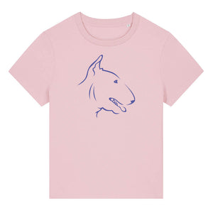 Blue outline illustration of the head of a English Bull Terrier on the front of a cotton pink ladies t-shirt