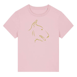 Gold outline illustration of the head of a English Bull Terrier on the front of a cotton pink ladies t-shirt