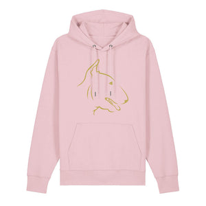 Gold outline illustration of the head of an English Bull Terrier on the front of a cotton pink unisex Hoodie