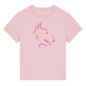 Magenta outline illustration of the head of a English Bull Terrier on the front of a cotton pink ladies t-shirt