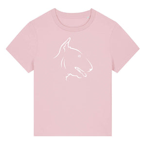 White outline illustration of the head of a English Bull Terrier on the front of a cotton pink ladies t-shirt