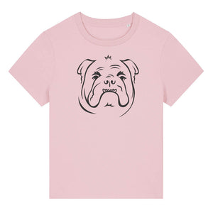 Black outline illustration of the head of a English Bulldog on the front of a  cotton pink ladies t-shirt