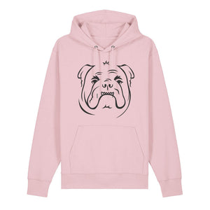 Black outline illustration of the head of an English Bulldog on the front of a cotton pink unisex Hoodie