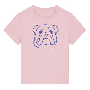 Blue outline illustration of the head of a English Bulldog on the front of a  cotton pink ladies t-shirt