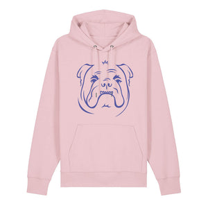 Blue outline illustration of the head of an English Bulldog on the front of a cotton pink unisex Hoodie