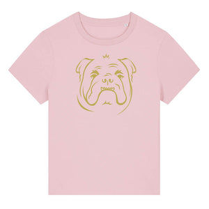 Gold outline illustration of the head of a English Bulldog on the front of a  cotton pink ladies t-shirt