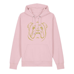 Gold outline illustration of the head of an English Bulldog on the front of a cotton pink unisex Hoodie