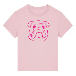 Magenta outline illustration of the head of a English Bulldog on the front of a  cotton pink ladies t-shirt
