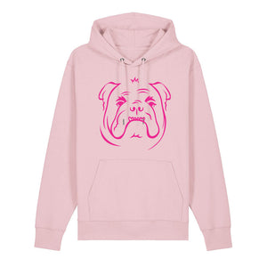 Magenta outline illustration of the head of an English Bulldog on the front of a cotton pink unisex Hoodie