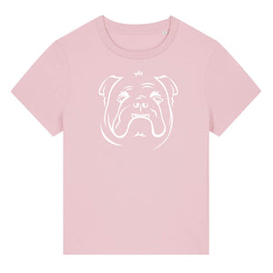 White outline illustration of the head of a English Bulldog on the front of a  cotton pink ladies t-shirt