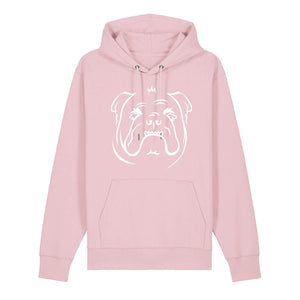 White outline illustration of the head of an English Bulldog on the front of a cotton pink unisex Hoodie