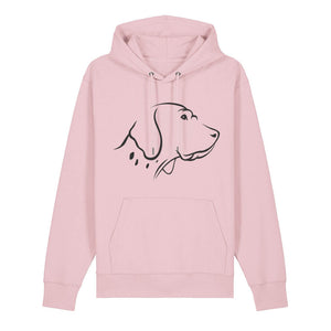Black outline illustration of the head of an English Pointer on the front of a cotton pink unisex Hoodie