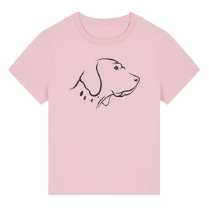 Black outline illustration of the head of an English Pointer on the front of a cotton pink ladies t-shirt