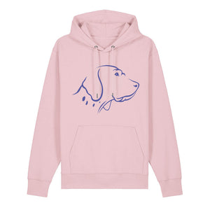 Blue outline illustration of the head of an English Pointer on the front of a cotton pink unisex Hoodie