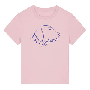 Blue outline illustration of the head of an English Pointer on the front of a cotton pink ladies t-shirt