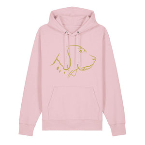 Gold outline illustration of the head of an English Pointer on the front of a cotton pink unisex Hoodie