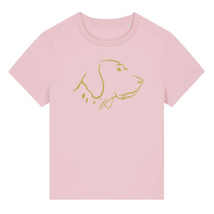 Gold outline illustration of the head of an English Pointer on the front of a cotton pink ladies t-shirt