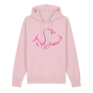 Magenta outline illustration of the head of an English Pointer on the front of a cotton pink unisex Hoodie
