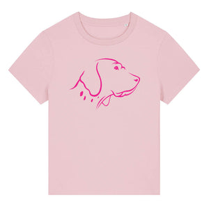 Magenta outline illustration of the head of an English Pointer on the front of a cotton pink ladies t-shirt