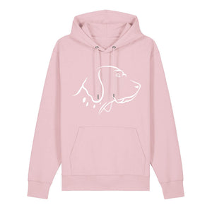 White outline illustration of the head of an English Pointer on the front of a cotton pink unisex Hoodie