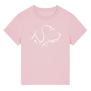 White outline illustration of the head of an English Pointer on the front of a cotton pink ladies t-shirt