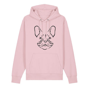 Black outline illustration of the head of a French Bulldog on the front of a cotton pink unisex Hoodie
