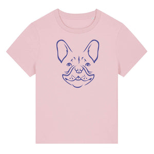 Blue outline illustration of the head of a French Bulldog on the front of a cotton pink ladies t-shirt