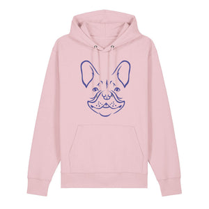 Blue outline illustration of the head of a French Bulldog on the front of a cotton pink unisex Hoodie