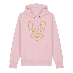 Gold outline illustration of the head of a French Bulldog on the front of a cotton pink unisex Hoodie