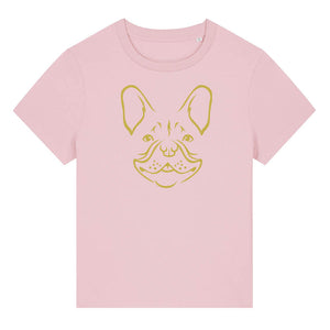 Gold outline illustration of the head of a French Bulldog on the front of a cotton pink ladies t-shirt