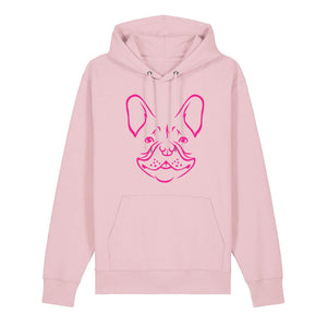 Magenta outline illustration of the head of a French Bulldog on the front of a cotton pink unisex Hoodie