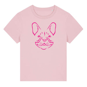 Magenta outline illustration of the head of a French Bulldog on the front of a cotton pink ladies t-shirt