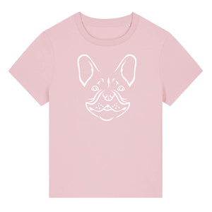 White outline illustration of the head of a French Bulldog on the front of a cotton pink ladies t-shirt