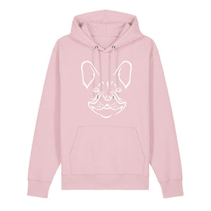 White outline illustration of the head of a French Bulldog on the front of a cotton pink unisex Hoodie