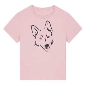 Black outline illustration of the head of a German Shepherd on the front of a cotton pink ladies t-shirt