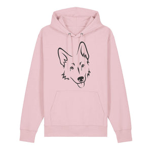 Black outline illustration of the head of a German Shepherd on the front of a cotton pink unisex Hoodie