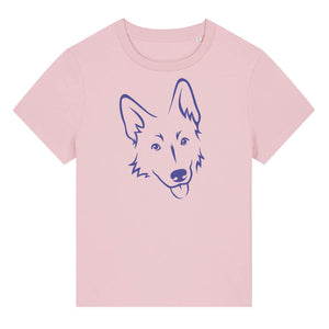 Blue outline illustration of the head of a German Shepherd on the front of a cotton pink ladies t-shirt