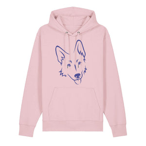 Blue outline illustration of the head of a German Shepherd on the front of a cotton pink unisex Hoodie