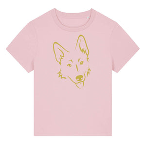 Gold outline illustration of the head of a German Shepherd on the front of a cotton pink ladies t-shirt