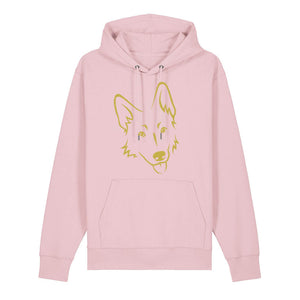 Gold outline illustration of the head of a German Shepherd on the front of a cotton pink unisex Hoodie