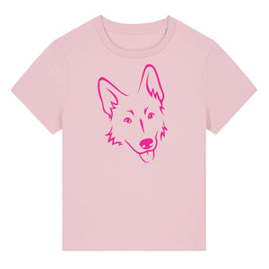 Magenta outline illustration of the head of a German Shepherd on the front of a cotton pink ladies t-shirt