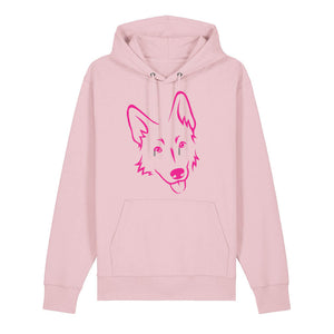 Magenta outline illustration of the head of a German Shepherd on the front of a cotton pink unisex Hoodie
