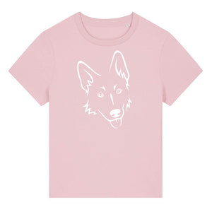 White outline illustration of the head of a German Shepherd on the front of a cotton pink ladies t-shirt