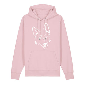 White outline illustration of the head of a German Shepherd on the front of a cotton pink unisex Hoodie