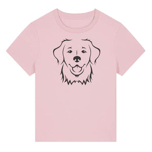 Black outline illustration of the head of a Golden Retriever on the front of a cotton pink ladies t-shirt