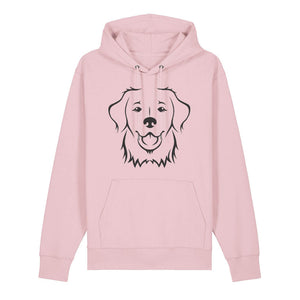 Black outline illustration of the head of a Golden Retriever on the front of a cotton pink unisex Hoodie