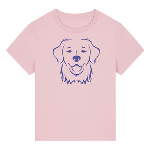 Blue outline illustration of the head of a Golden Retriever on the front of a cotton pink ladies t-shirt