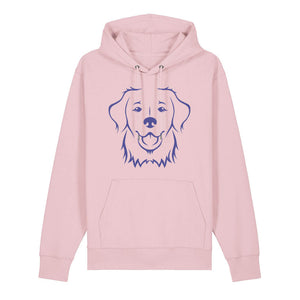 Blue outline illustration of the head of a Golden Retriever on the front of a cotton pink unisex Hoodie
