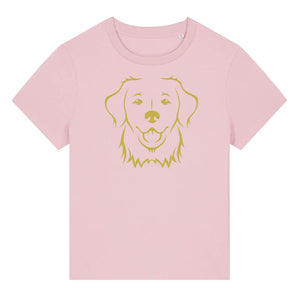 Gold outline illustration of the head of a Golden Retriever on the front of a cotton pink ladies t-shirt
