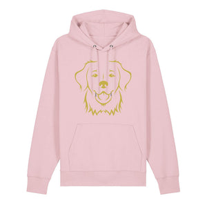 Gold outline illustration of the head of a Golden Retriever on the front of a cotton pink unisex Hoodie